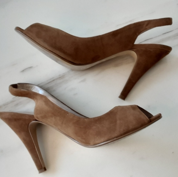 CHINESE LAUNDRY Cupcakes Dark Camel Suede Leather Peep-Toe Sling Backs Sz. 10 - Picture 3 of 7